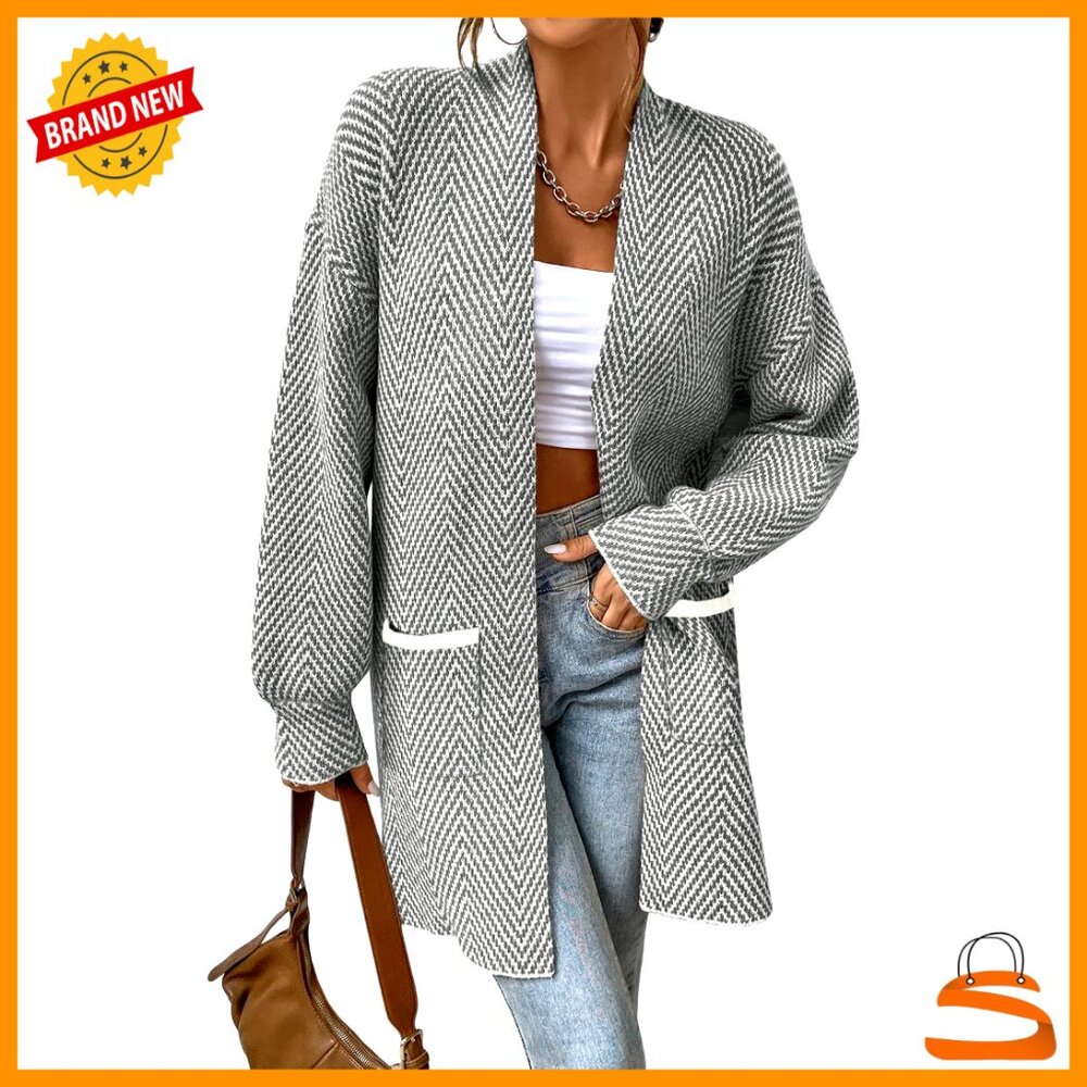 Chunky Knit Chevron Cardigan Open Front Long Sleeve Cozy Fall Sweater Women